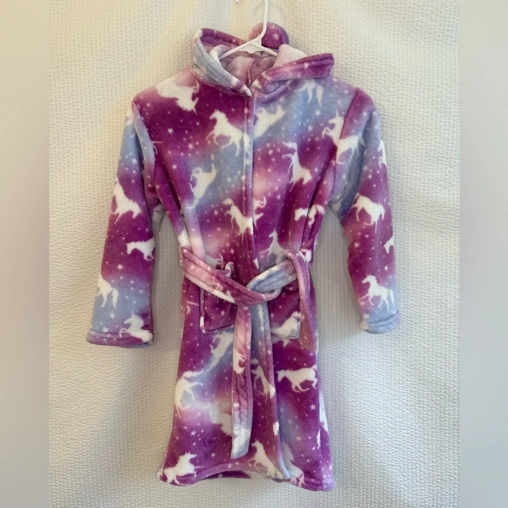 Girls Unicorn Hooded Plush Fleece Robe Purple Blue Galaxy Bathrobe Size 7/8